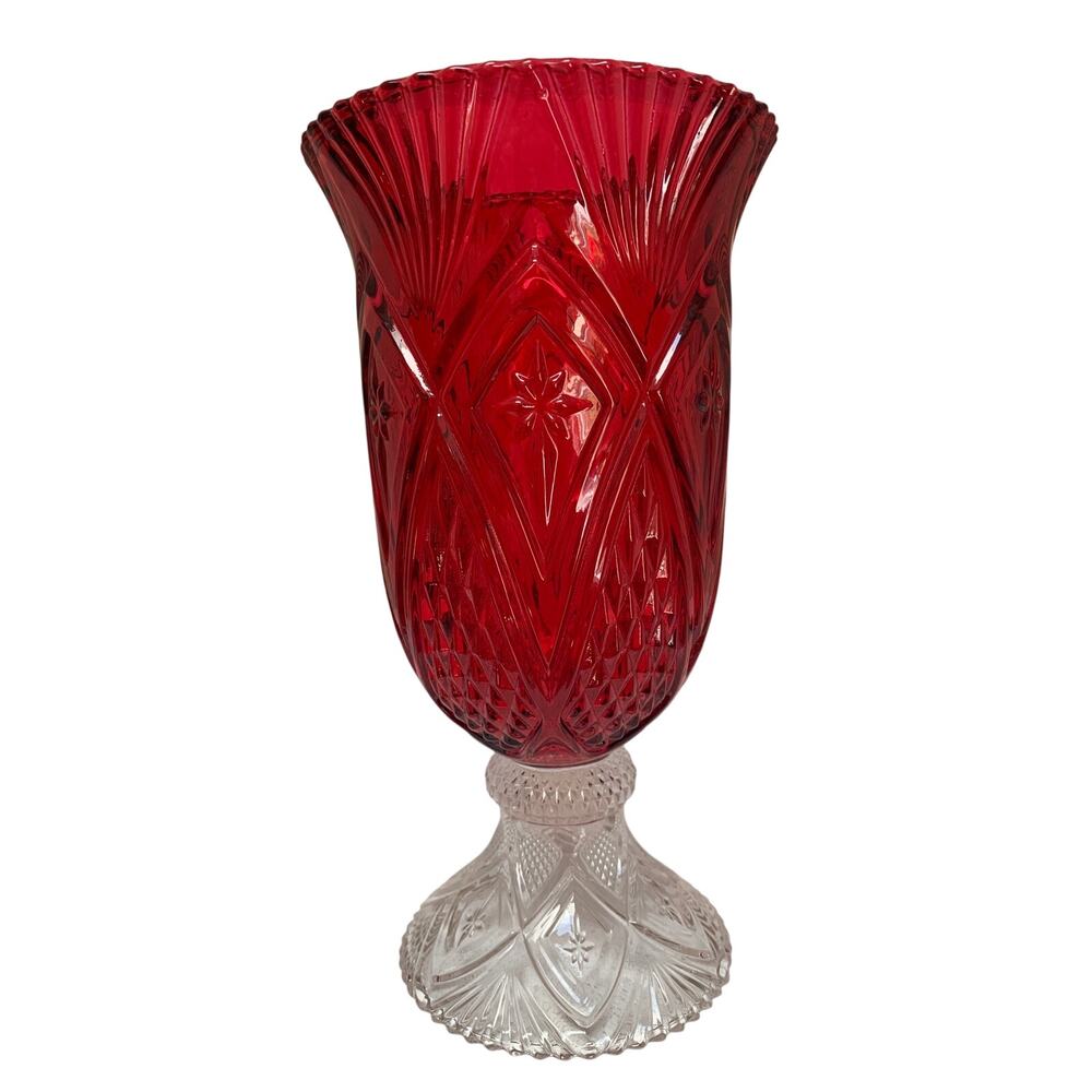Shannon by Godinger Dublin Red Crystal Footed Hurricane Vase Candle Holder 10.5”